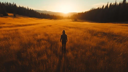 Woman in Golden Field at Sunset