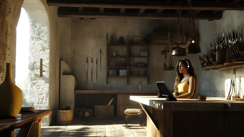 Sunlit Workspace with Woman and Headphones