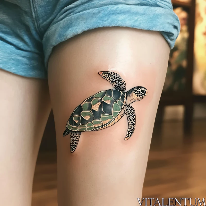 Detailed Marine Turtle Tattoo on Thigh AI Image