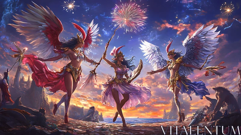 Winged Figures Celebrate with Fireworks AI Image