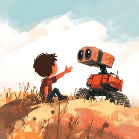 Illustration of Boy Reaching for Robot