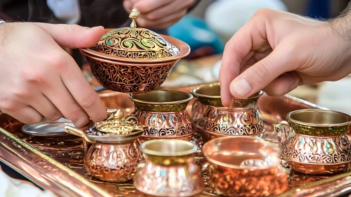 Ornate Copperware Collection: Detailed Metal Art