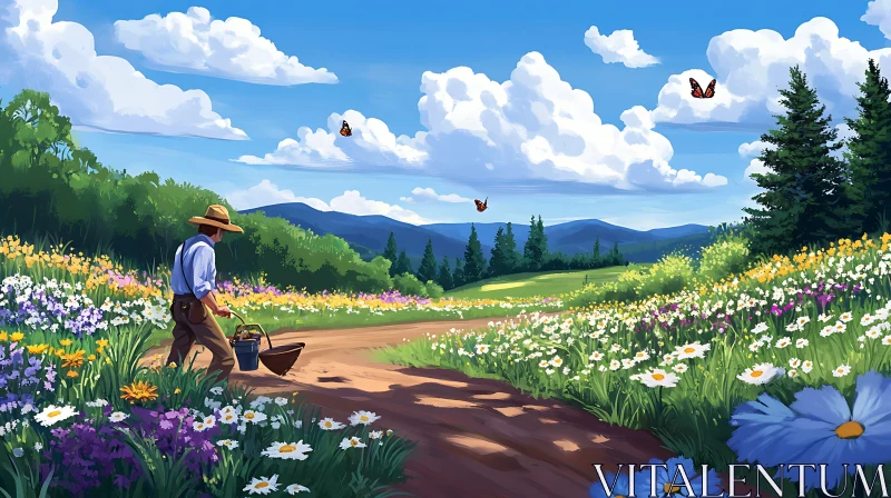 Man in a Blooming Meadow Landscape AI Image