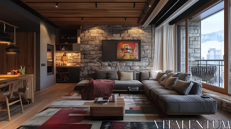 AI ART Cozy Stone Wall Living Space