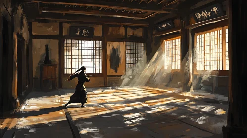 Warrior in Sunlit Room with Katana