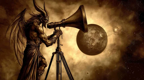 Sepia-toned Demon with Telescope