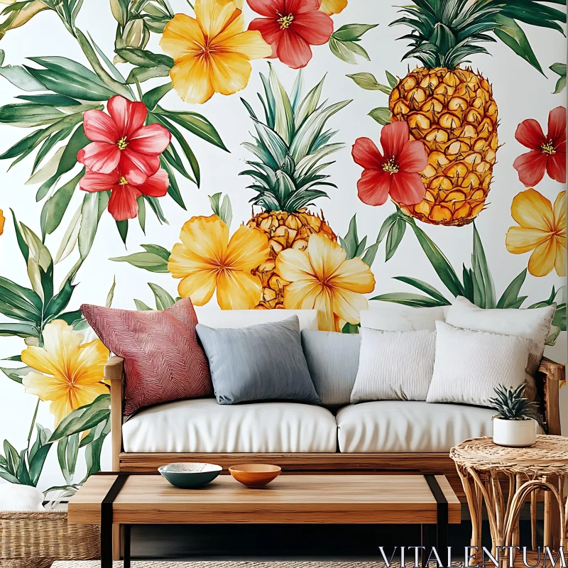 AI ART Living Room with Pineapple and Hibiscus Wallpaper