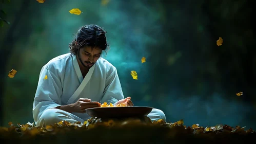 Man Meditating in Autumn Forest
