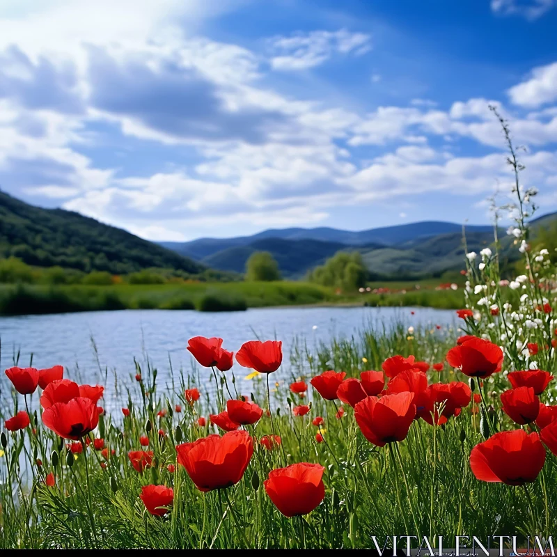 AI ART Red Poppies Field near Lake