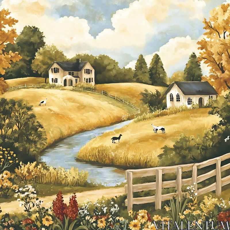 AI ART Idyllic Countryside Scene with Houses and Horses