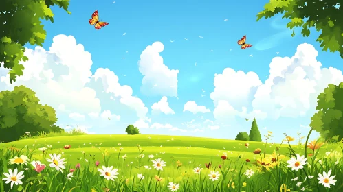 Cartoon Field with Flowers and Butterflies