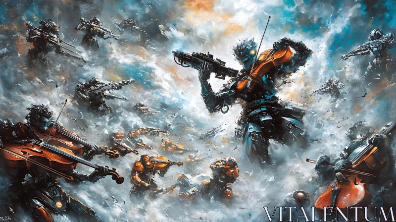 Futuristic Robots with Violins in Battle AI Image