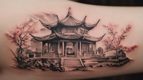 Japanese Architecture with Cherry Blossom Tattoo