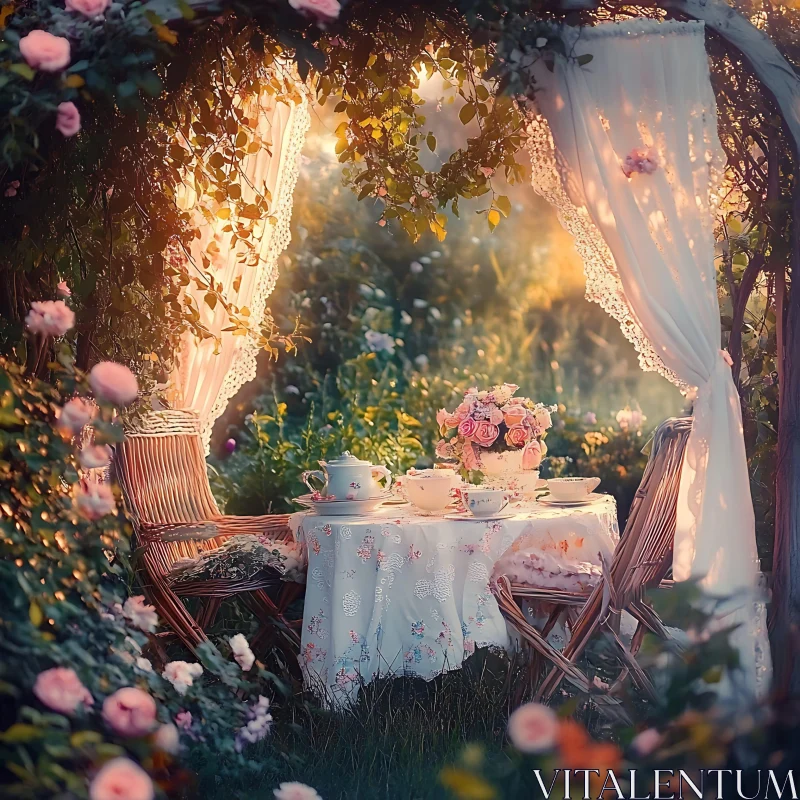 Floral Tea Party in a Rose Garden AI Image