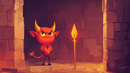 Fiery Cartoon Demon in Stone Dungeon