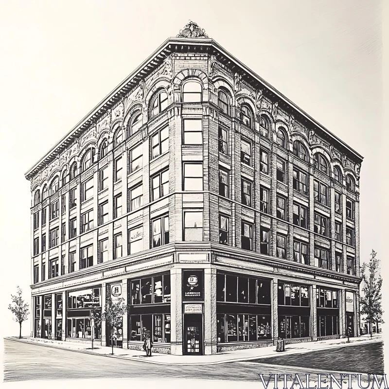 Corner Building with Classical Architecture in Black and White AI Image