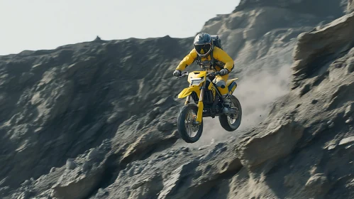 Yellow Motorcycle Rider Mid-Air