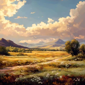 Scenic Landscape with Meadow and Mountains