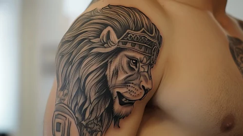 Intricate Lion Tattoo on Shoulder