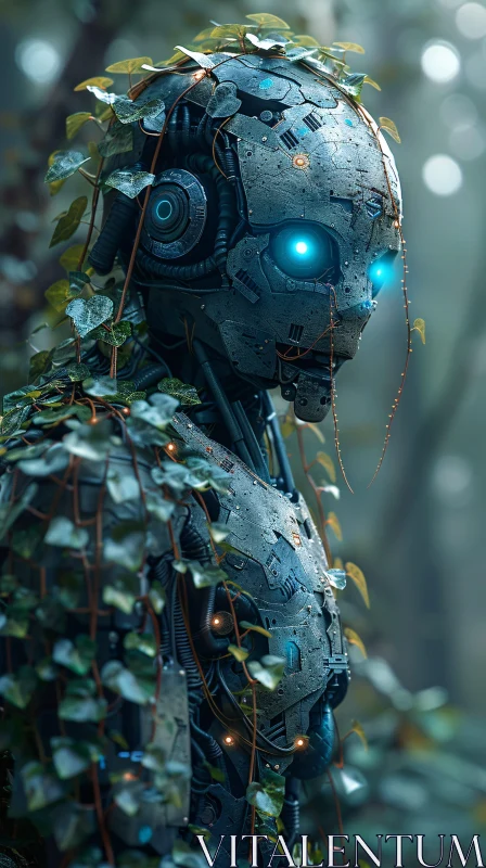 Cyborg Enveloped in Ivy Leaves Within a Peaceful Forest AI Image