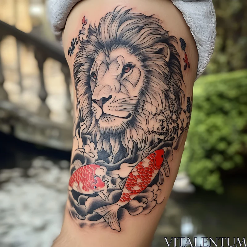 Detailed Body Art: Monochrome Lion and Vibrant Koi Fish Tattoo AI Image