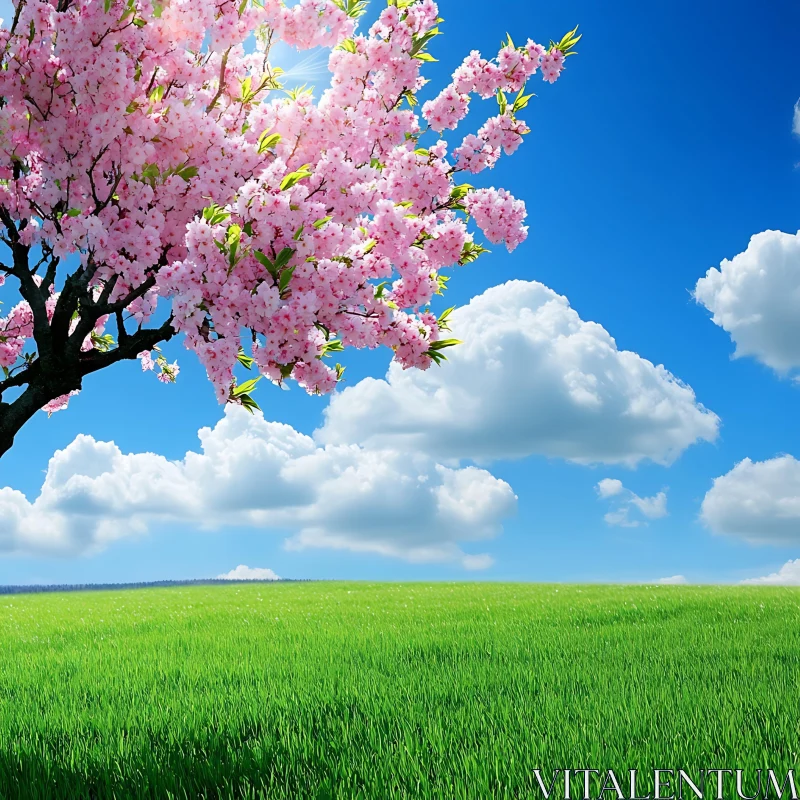 Spring Landscape with Cherry Blossoms AI Image