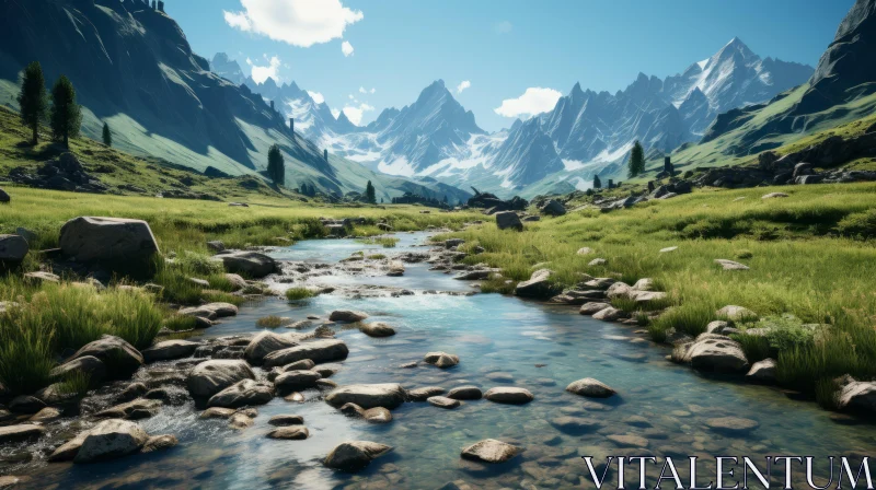 Captivating River and Grass in the Majestic Mountains - Hyper-realistic Landscape AI Image