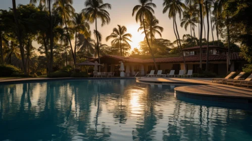 Captivating Sunset Scene by the Poolside | Tranquil Palm Trees and Lounge Chairs