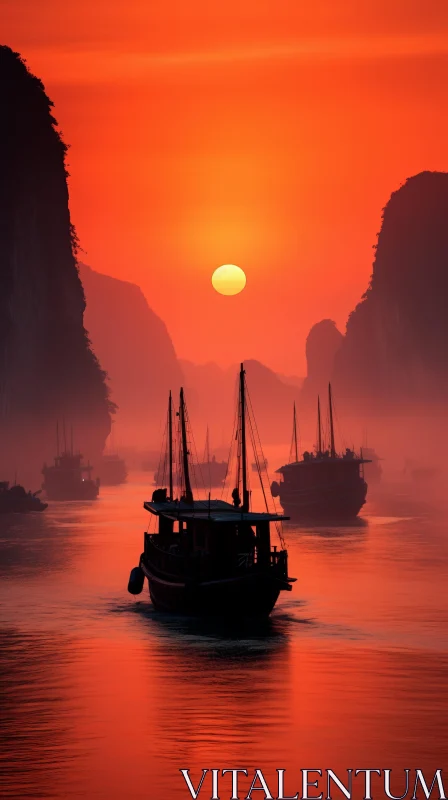 Colorful Sunset Painting of Islands in Ha Long Bay AI Image