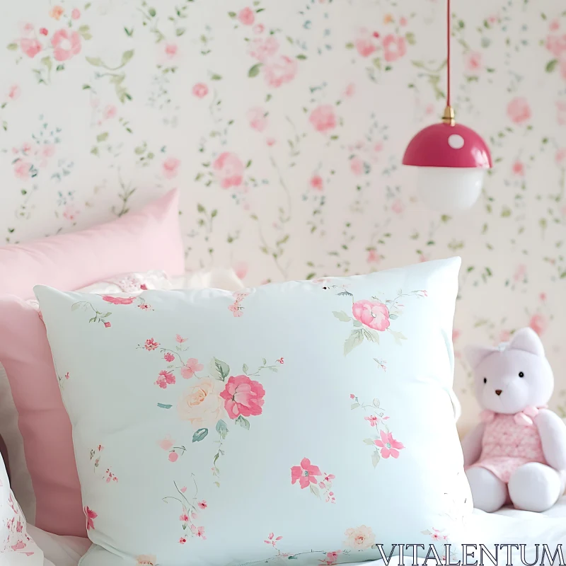 Soft Floral Bedroom with Mushroom Lamp AI Image