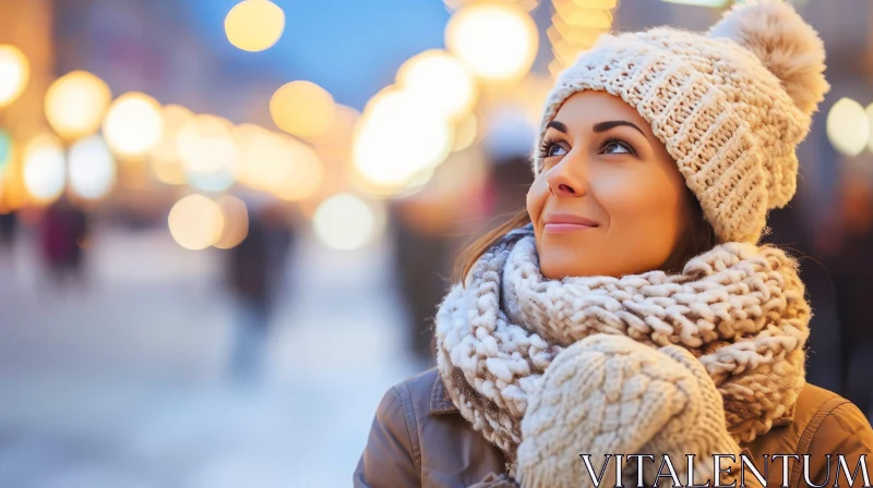 Dreamy Fashion: Young Woman in White Knitted Hat and Scarf AI Image