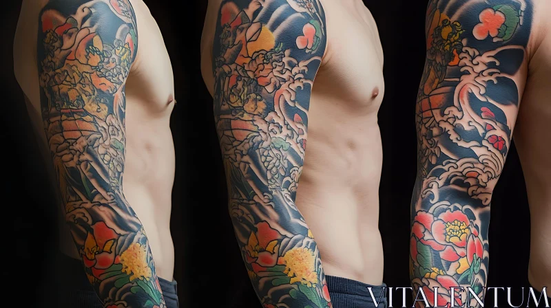 Detailed Full Sleeve Tattoo on Man's Arm AI Image