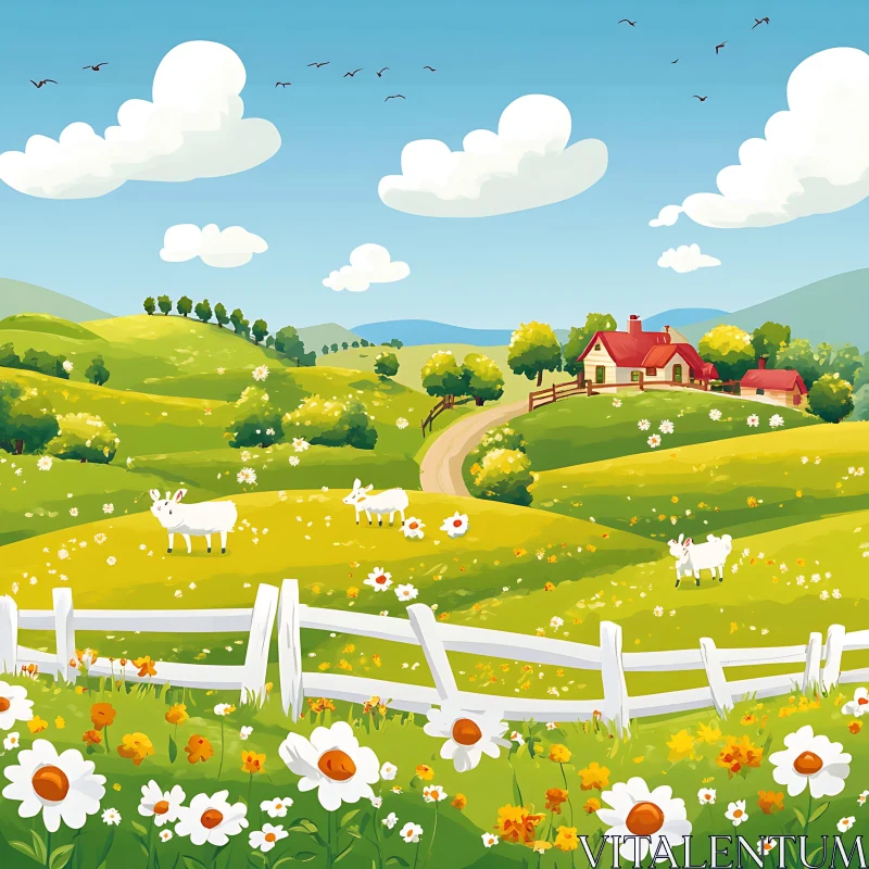 AI ART Pastoral Scene: Sheep Grazing in a Floral Meadow