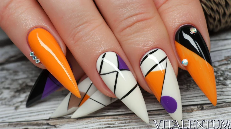 Elegant Hand with Orange Stiletto Nails and Geometric Design AI Image