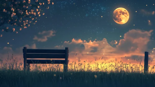 Peaceful Night Scene with Moon and Bench