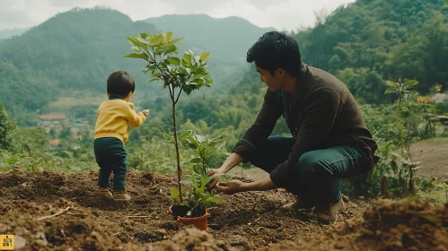 Father and Child Planting Tree Together