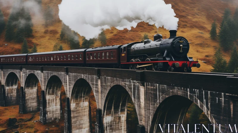 Gothic Steam Train Crossing Bridge in Scottish Landscapes AI Image