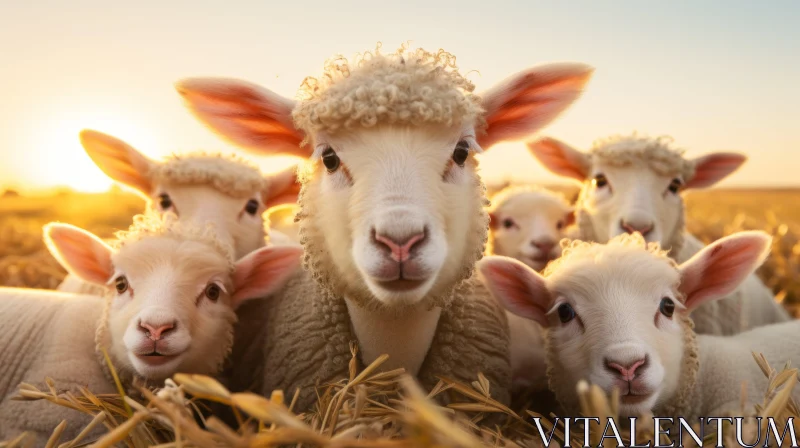 Innocence in the Sunset: Young Lambs on Pasture AI Image