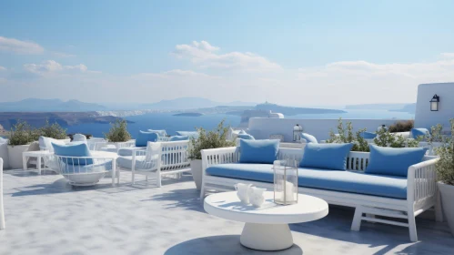 Serene Balcony with White Furniture and Blue Sky | Realistic Landscapes