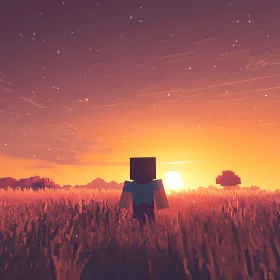 Pixelated Sunset in Minecraft World