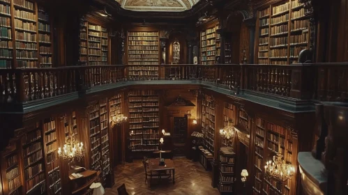 Vintage Library with Bookshelves and Chandeliers