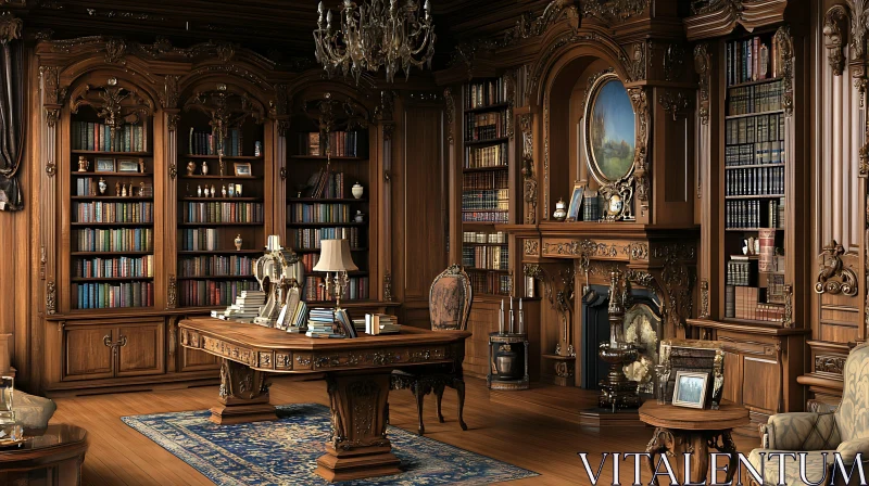 AI ART Ornate Wooden Library with Fireplace