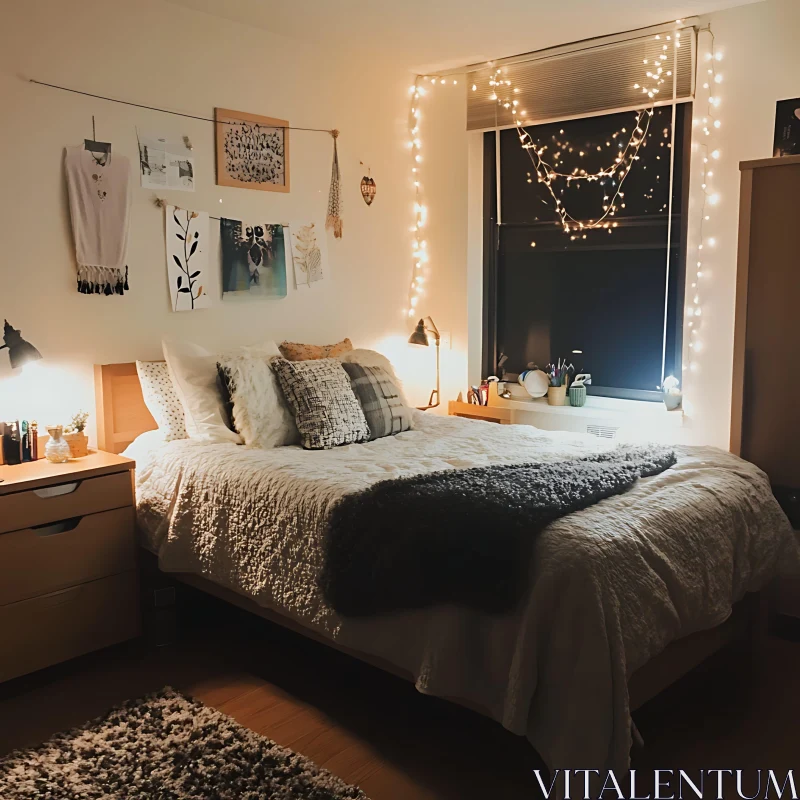 Cozy Bedroom Interior with Warm Lighting AI Image