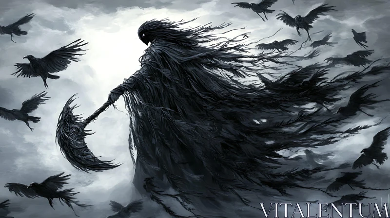 AI ART Monochrome Scythe Wielder with Crows