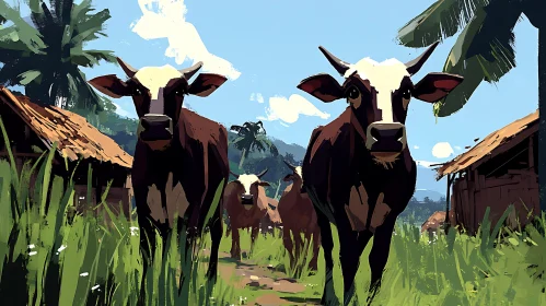 Rural Cows Grazing in Field