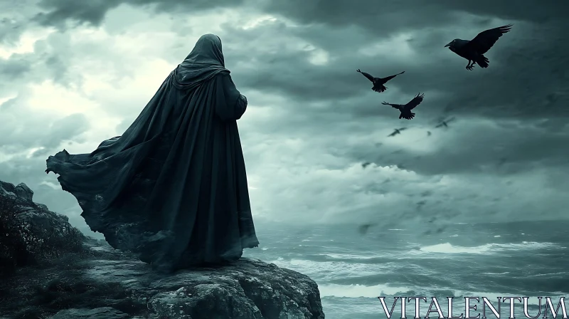 Mysterious Figure Overlooking Stormy Ocean AI Image