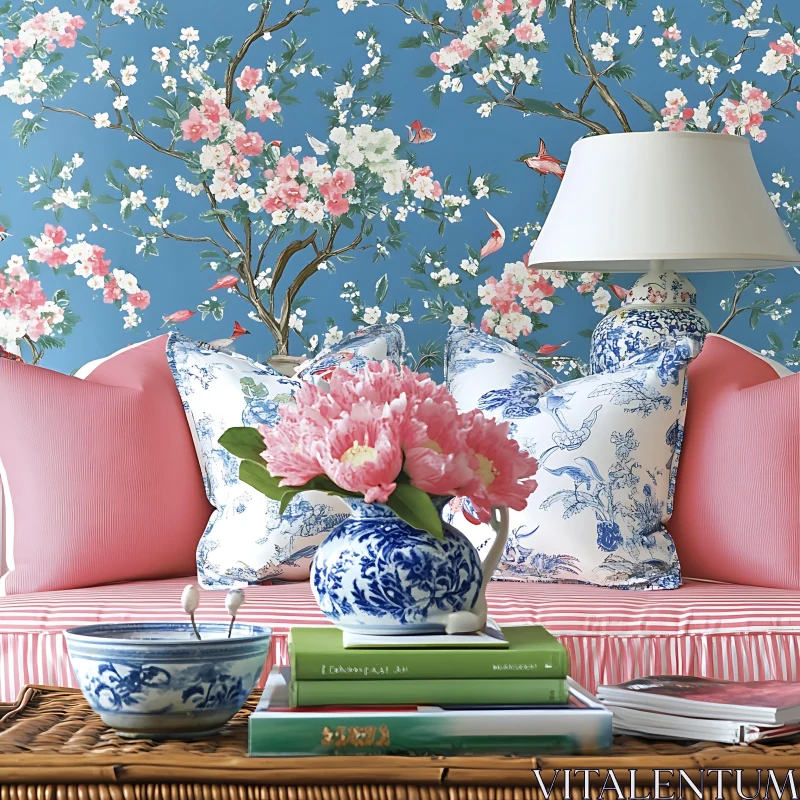 AI ART Floral Wallpaper and Pink Accents Interior