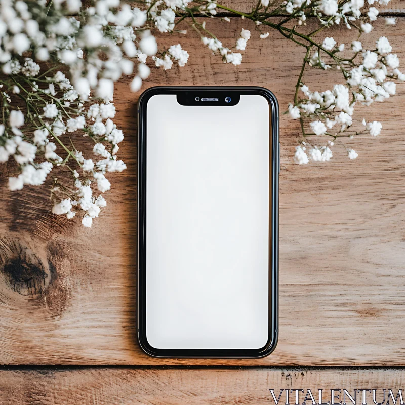Smartphone with White Flowers on Wood AI Image