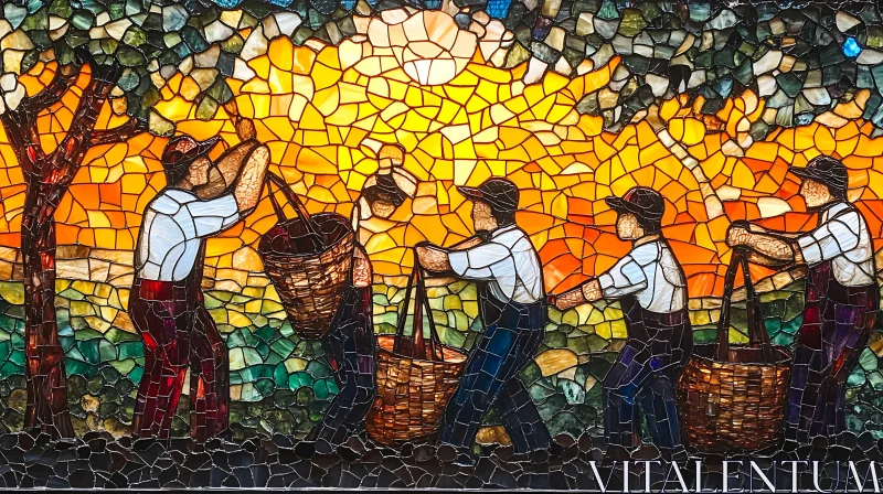 Sunset Mosaic of Laborers with Baskets AI Image