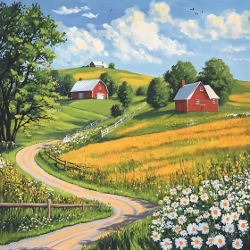 Rural Landscape with Blooming Daisies